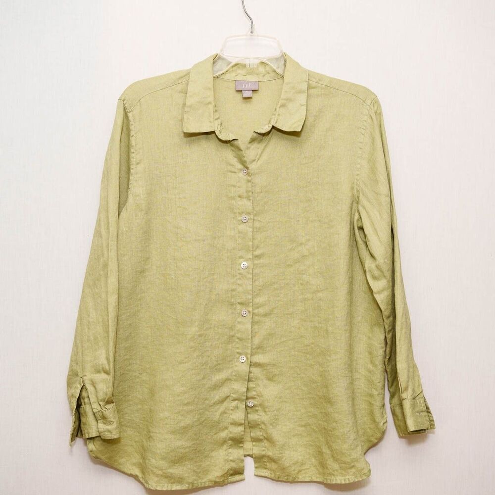 J. Jill‎ womens petite MP green linen button down shirt office casual preppy